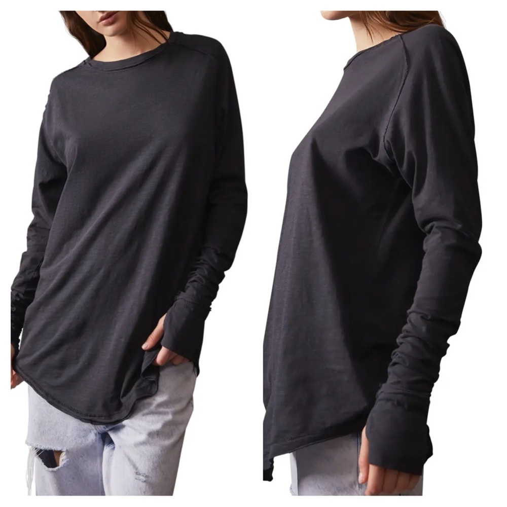 Free People We The Free Navy Arden Extra Long Cotton Tee
